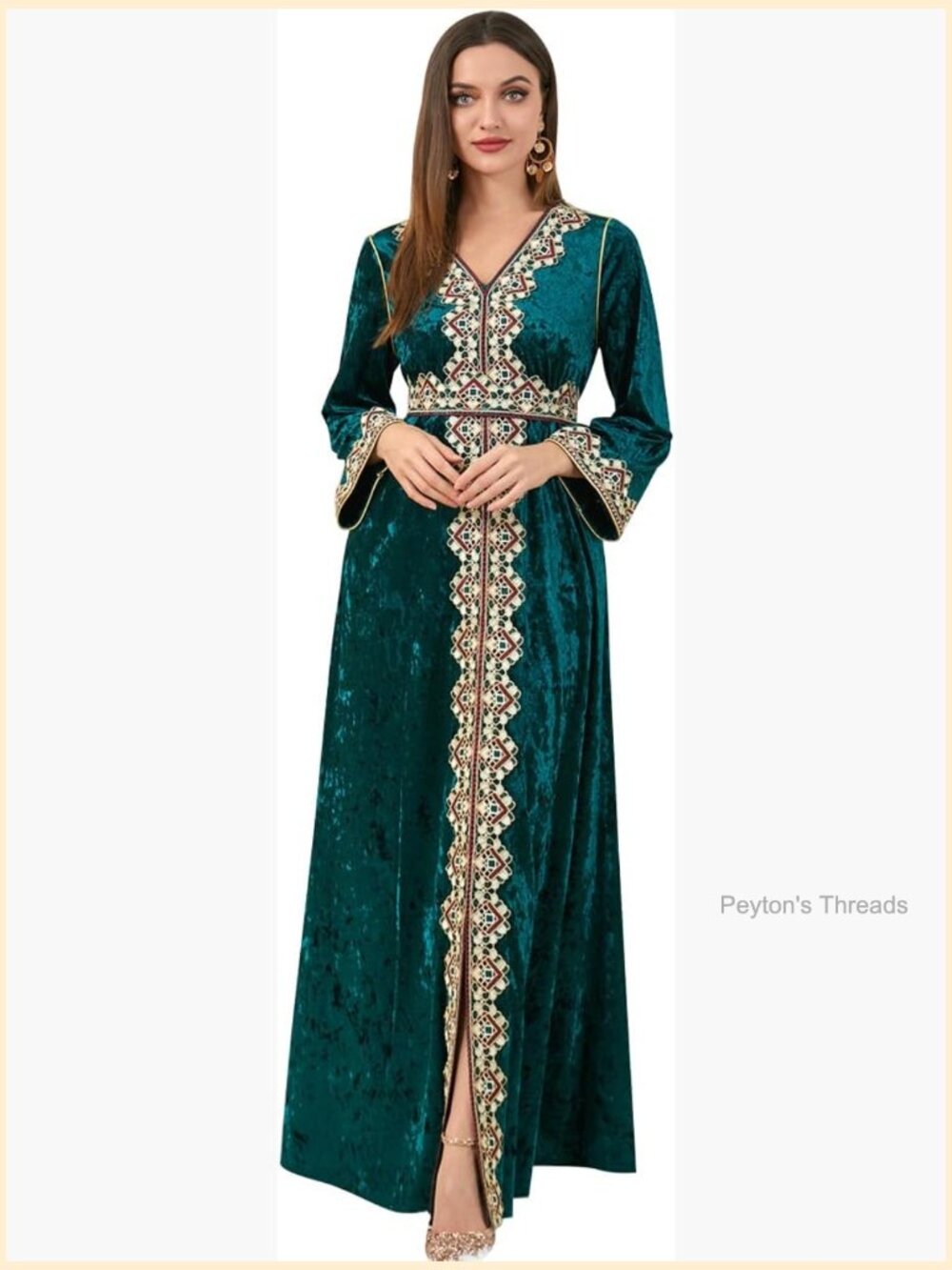 Muslim Women Velvet Dress With Embroidery Abayas Long Sleeve V-Neck Maxi Kaftan